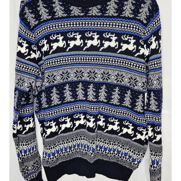 Aspen Men's Fair Isle Reindeer Christmas Sweater Navy Blue White Medium - Picture 1 of 8